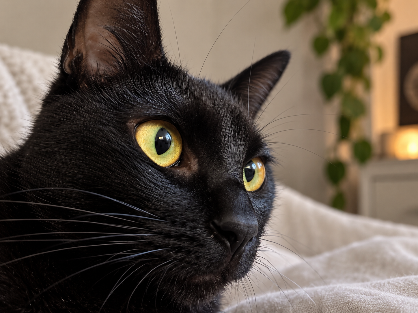 Gato preto olhando para a câmera