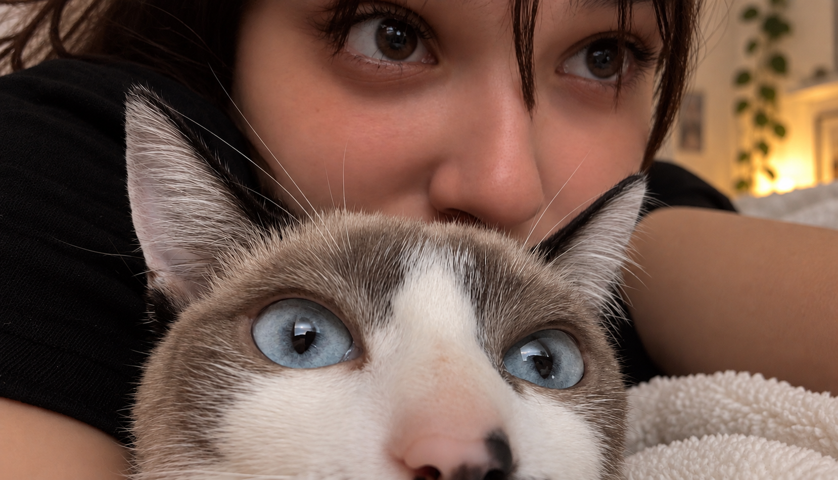 Kauany abraçando um gato em casa
