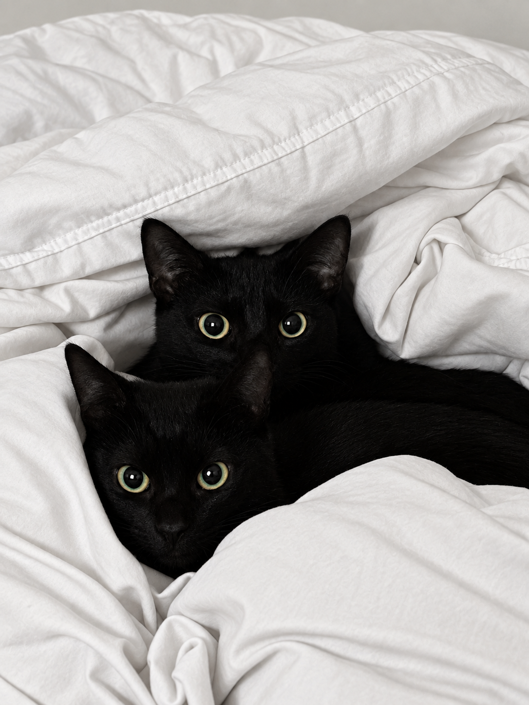 Dois gatos pretos juntos embaixo do edredom